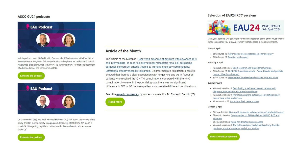 Read RCC updates in our RCC March newsletter 👇 - ASCO GU24 podcasts on CheckMate 214 study & [68Ga]Ga-DPI-4452 study - Article of the Month on real-world outcomes for advanced RCC patients with combinations: IO + TKI vs. IO + IO - EAU24 RCC sessions mailchi.mp/uroweb/uroonco…