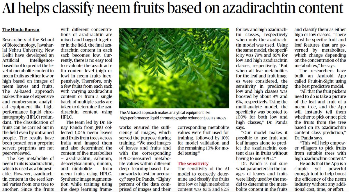ganitlabs's tweet photo. can #AI (deep learning, #ConvNet models) predict metabolite (#Azadirachtin) content class (high or low) using #Neem fruit & leaf images alone? download/try it yourself. story in today's @the_hindu
#Preprint/ #Android #App 👇
https://t.co/HQO995FhOc
https://t.co/ZH9zeneKLQ https://t.co/6kxf0L9Qw4