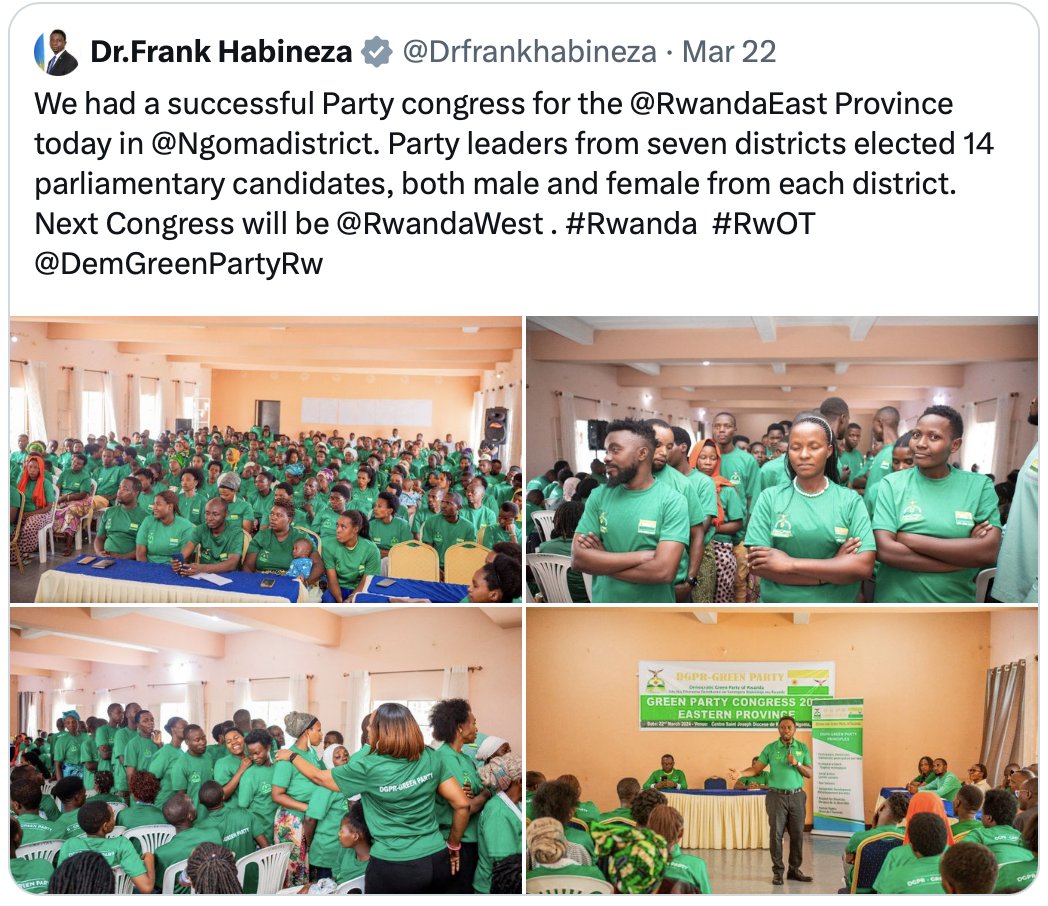 Since 2017, @DemGreenPartyRw of Hon. Dr. Frank Habineza has made significant progress. Despite Dr. Frank's unsuccessful presidential bid that year, the party managed to secure two parliamentary seats in 2018. This may have allayed concerns for some who were hesitant to join it…