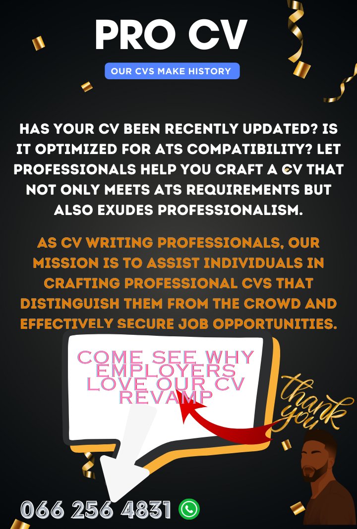 🚀 Transform your job search with our CV revamps! jobseekersSA are seeing success, and recruiters are taking notice of the difference.
👉 Connect now for demos📲

📎 wa.me//27662564831
-
Southgate, SPEAK LIKE MAKHEKHE, No Diddy, Drake, #Usher #BoycottMSNBC, Ferrari, Paqueta