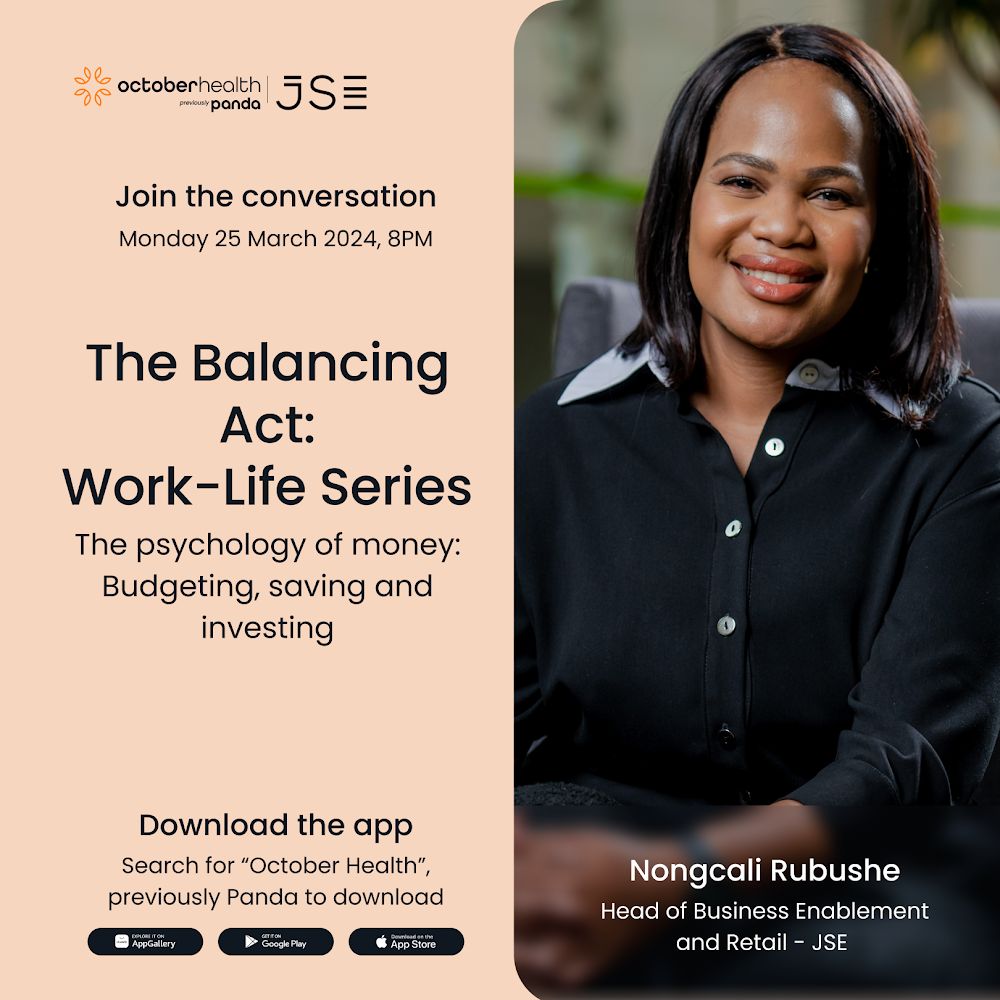 octoberhealth's tweet photo. We are honored to host Nongcali Rubushe, Head Of Business Enablement and Retail at @JSE_Group, in our
Join Nongcali for an evening of insightful dialogue and professional growth.
Download our October app to participate in the session.
#OctoberHealth #FinancialWellness 🌿📈 https://t.co/ZnuWqaXpNI