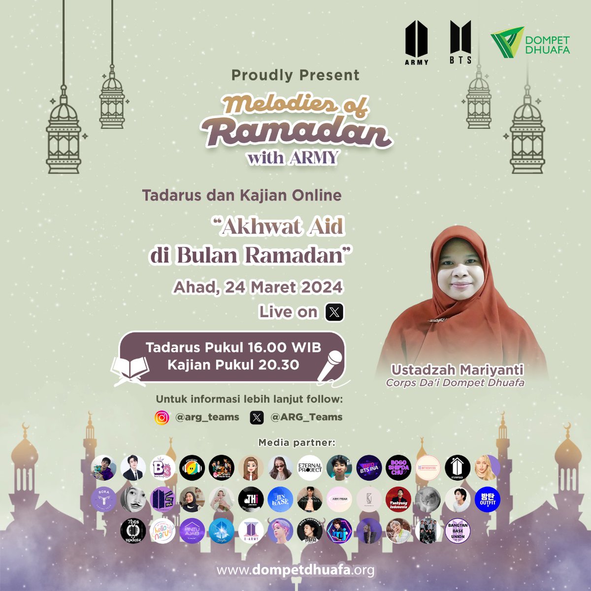 boravotebase's tweet photo. Army, yuk ikuti tadarus dan kajian online dengan tema "Akhwat Aid di Bulan Ramadhan" bersama @ARG_Teams.
Untuk jadwalnya bisa di lihat di banner yaa๐ค๐
#MelodiesOfRamadan
#RamadanWithARMY https://t.co/2AeaKLMaxm