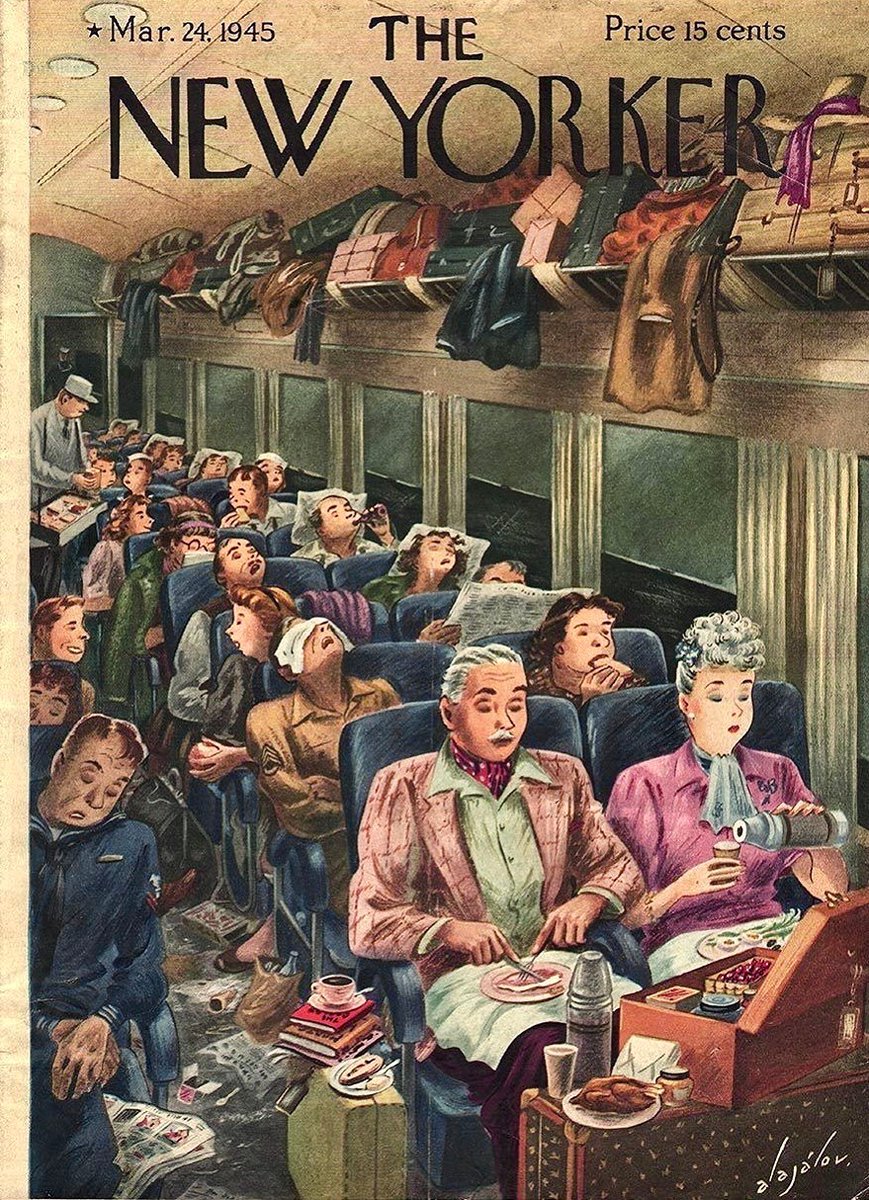 #OTD in 1945
(travelling in style in wartime)
Cover of The New Yorker, 24 March, 1945
Constantin Alajálov
#TheNewYorkerCover #ConstantinAlajálov #railroads #traintravel #WW2