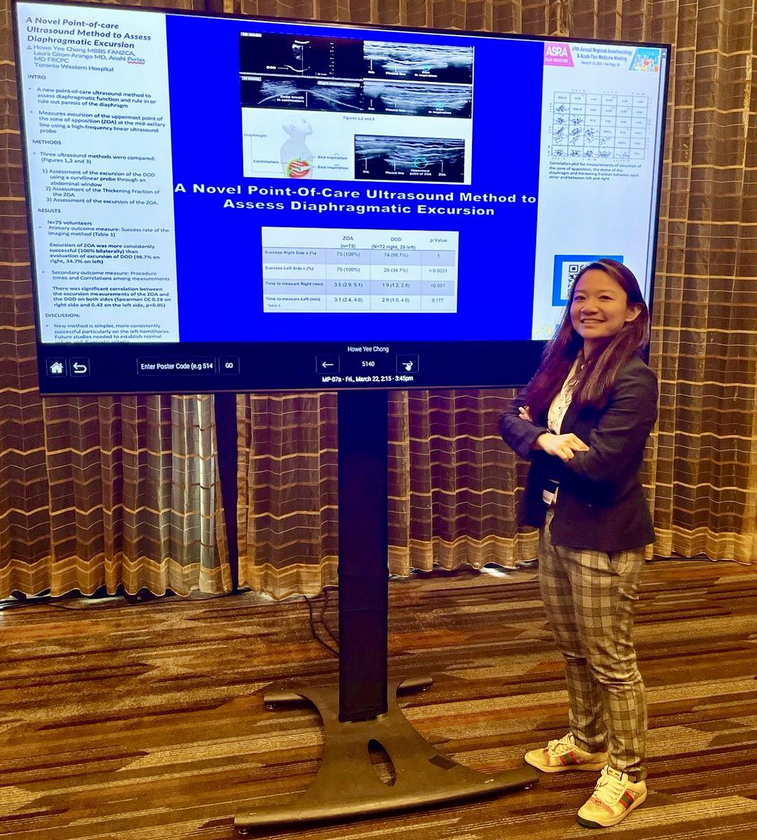 Proud to see the next generation of TWH fellows continuing a great tradition of research - @michyaries888 presenting not just one but two posters on ACB catheters & lung US at #ASRASPRING24 @PerlasAnahi (On top of her day job as Spotify music artist - echolily 🤩)