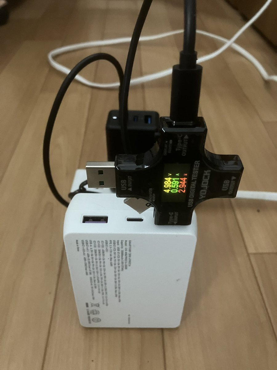 65W充電器（Dongguan Langsu Technology製）からSMARTCOBY TRIO 67W2C1A本体への充電内容をYOJOCK USB電圧電流チェッカー(型番：YJ-UT03)でテスト。
5V0.5A程度なので、それは充電出来ないわ、という感じ。