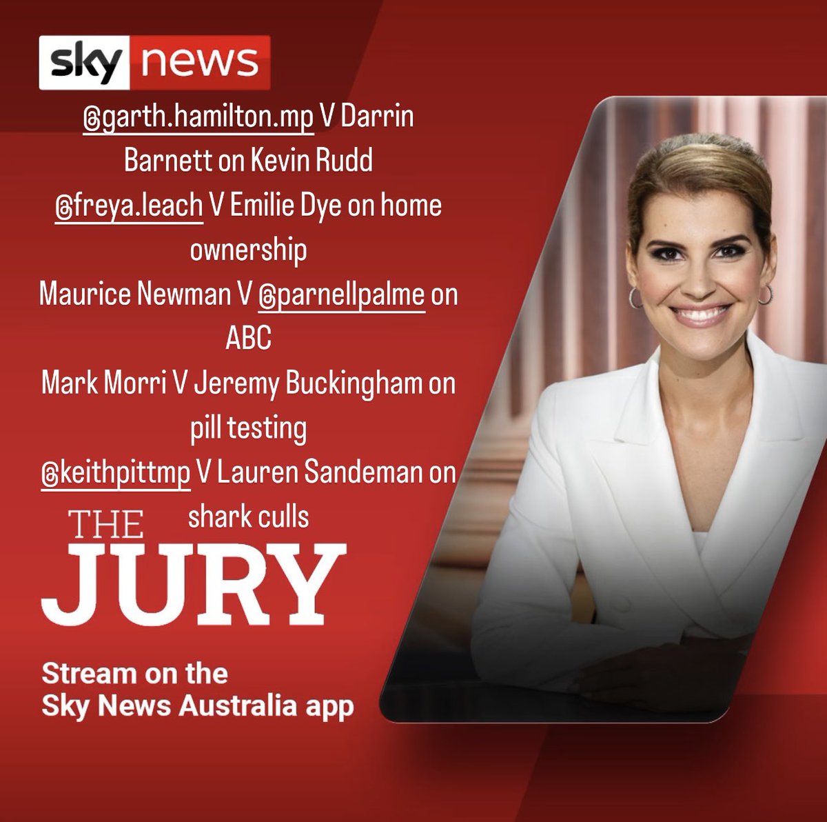 Tonight on the Jury @SkyNewsAust we debate Kevin Rudd V Trump, why it’s hard for young Aussies to break into housing market, the ABC, pill testing and shark culls @Emilie_Dye @parnellpalme @BuckinghamJN @keithjpitt