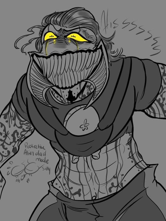 ScoutsWorld400's tweet photo. Protective alien dad coming in/silly don't touch his baby daughter 🦆✍️🦆#oc #nona #maskedriders #doodles #au #aliens #digitalart #ownoc https://t.co/Tfkmz3nAG1