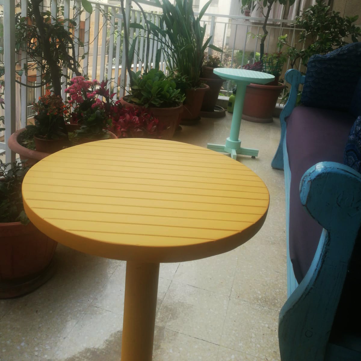 Our latest #coffee #tables made entirely from 100% #singleuse #plastics dotting this wonderful #beirut #balcony. Proper #wastemanagement  , diversion from #landfills, and #recycling are the only way forward for the impeding waste crisis looming on the horizon in #Lebanon