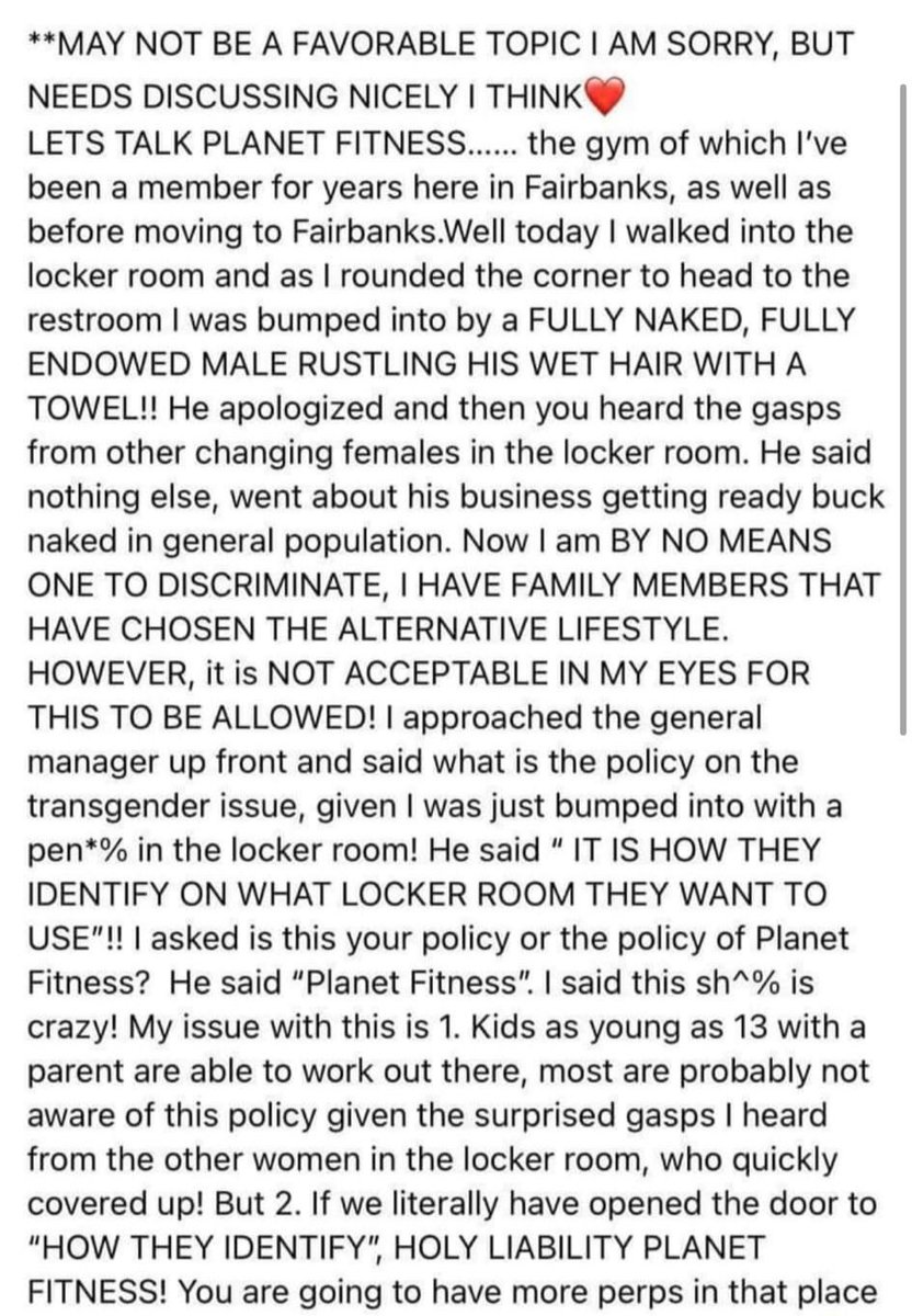 Wow. This post is from 2022. A woman encountered a naked man in the women’s locker room at Planet Fitness in Fairbanks, Alaska- the same location where the current controversy took place. Staff reportedly told her that anyone can use whichever bathroom they identify with. How…
