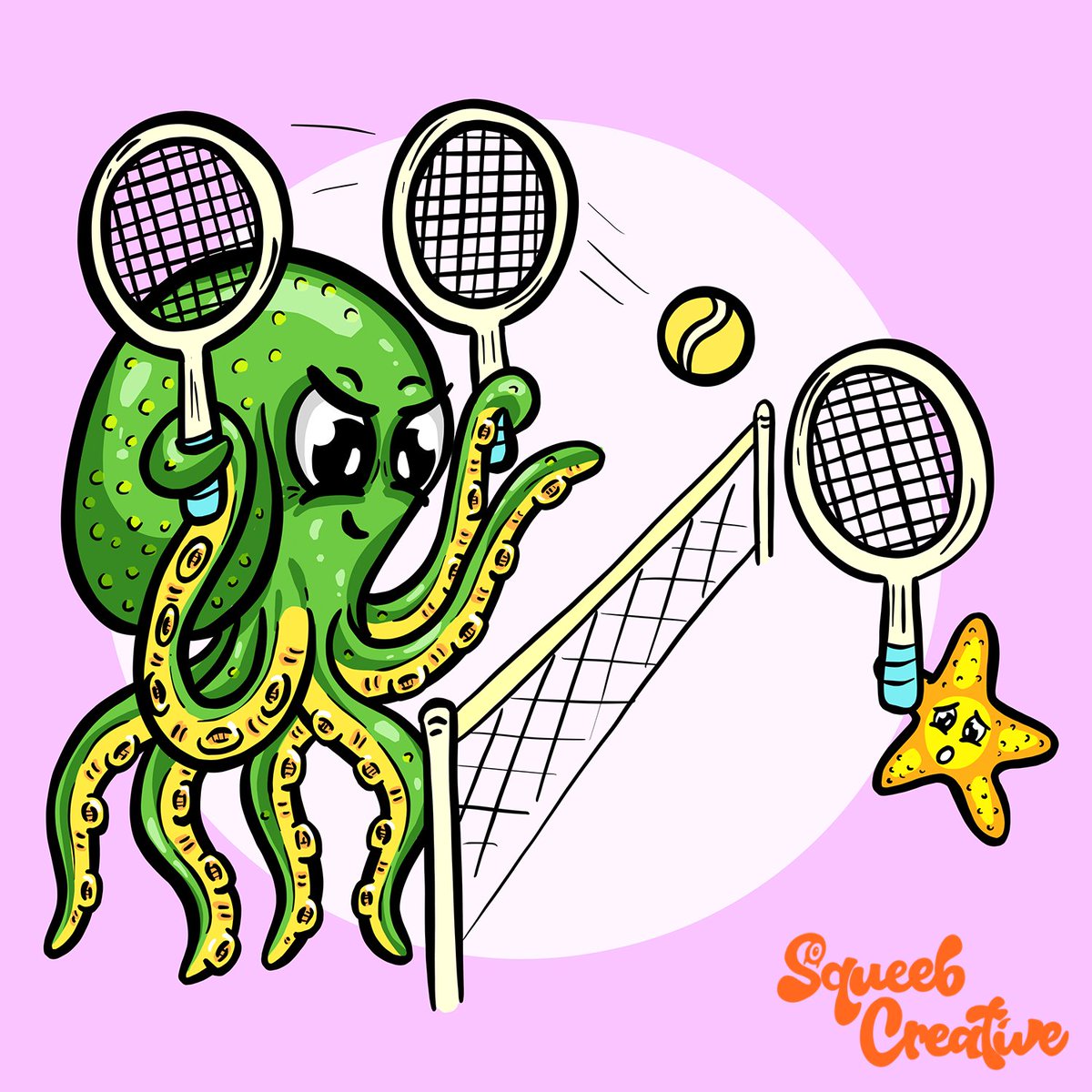 I'm feeling something funny bubble up, maybe a new character might pop out today. But first it's cake and flapjack time. Looks like a nice day for tennis though! I think the octopus is cheating! 

#mascotdesign #illustrationartists  #octopusmascot #octopuslogo