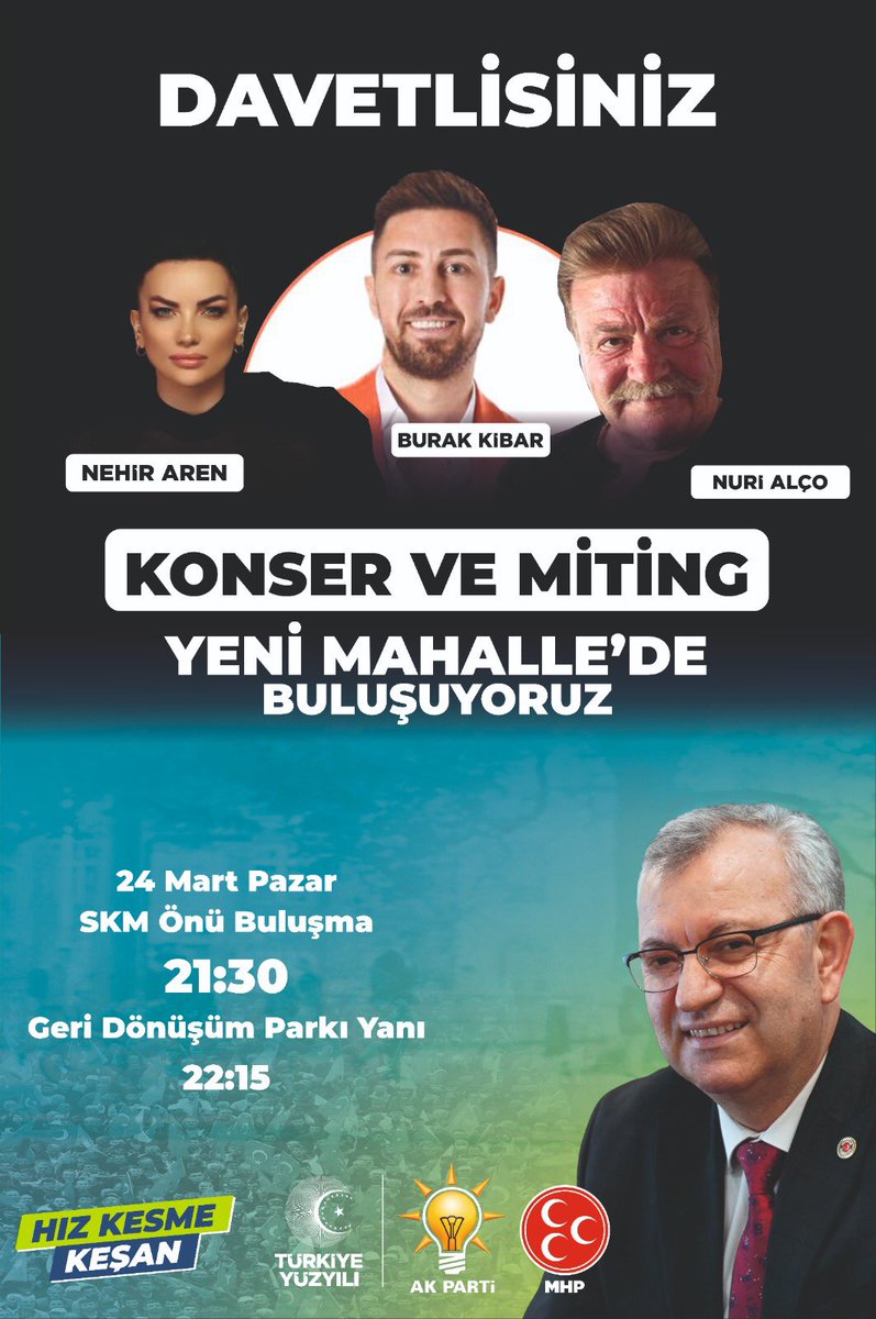 YENİ MAHALLE’DE KONSER VE MİTİNG’TE BULUŞUYORUZ

Burak Kibar ve Nehir Aren’in sahne alacağı, Nuri Alço’nun aramızda olacağı Yeni Mahalle buluşmamıza davetlisiniz. 

📍Geri Dönüşüm Parkı Yanı
⏰22:15

#5YıldaKeşanKazandı
#HızKesmeKeşan