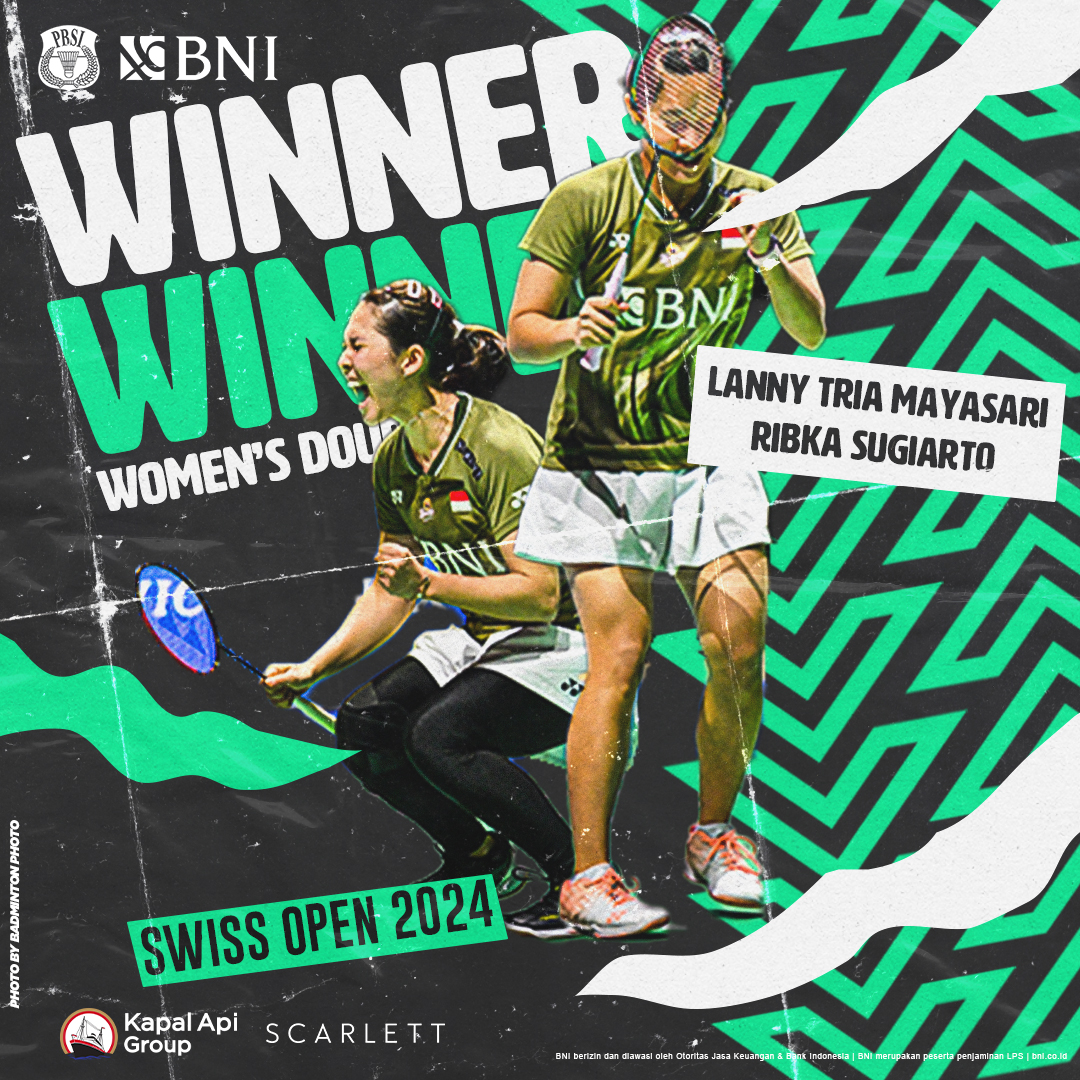 INABadminton's tweet photo. Gelar JUARA pertama level BWF Super 300 diraih Lanny Tria Mayasari/Ribka Sugiarto di ajang Swiss Open 2024.

Pertandingan-pertandingan tidak mudah sejak babak pertama berhasil terlewati. Berikut perjalanan Lanny/Ribka:

R32 vs Simran Singhi/Ritika Takher (India) 21-17, 21-7
R16 vs Yeung Nga Ting/Yeung Pui Lam (4/Hong Kong) 21-12, 21-13
QF vs Rui Hirokami/Yuna Kato (Jepang) 21-18, 21-17
SF vs Apriyani Rahayu/Siti Fadia Silva Ramadhanti (1) 13-21, 21-10, 23-21
Final vs Hsu Ya Ching/Lin Wa Ching (Chinese Taipei) 13-21, 21-16, 21-8

#SwissOpen2024 @BNI #BNIGlobalReachIndonesianPride