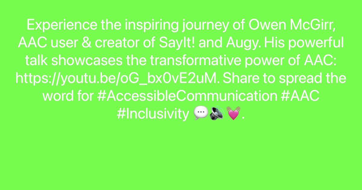 Experience the inspiring journey of Owen McGirr, AAC user & creator of SayIt! and Augy. His powerful talk showcases the transformative power of AAC: ayr.app/l/haN1. Share to spread the word for #AccessibleCommunication #AAC #Inclusivity 💬🔊💓.