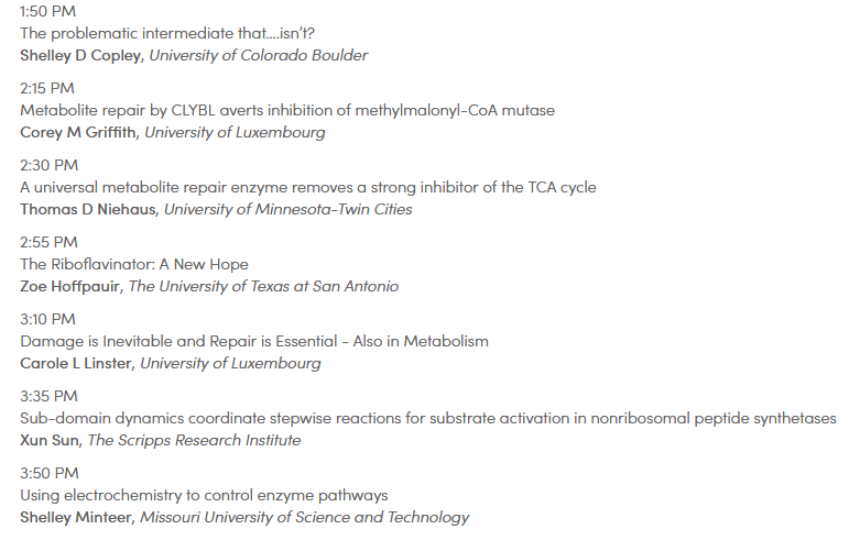 Looking forward to this afternoon's session on "Enzymatic control of problematic intermediates" at #DiscoverBMB! Three metabolite repair talks in a session - this may be a record!