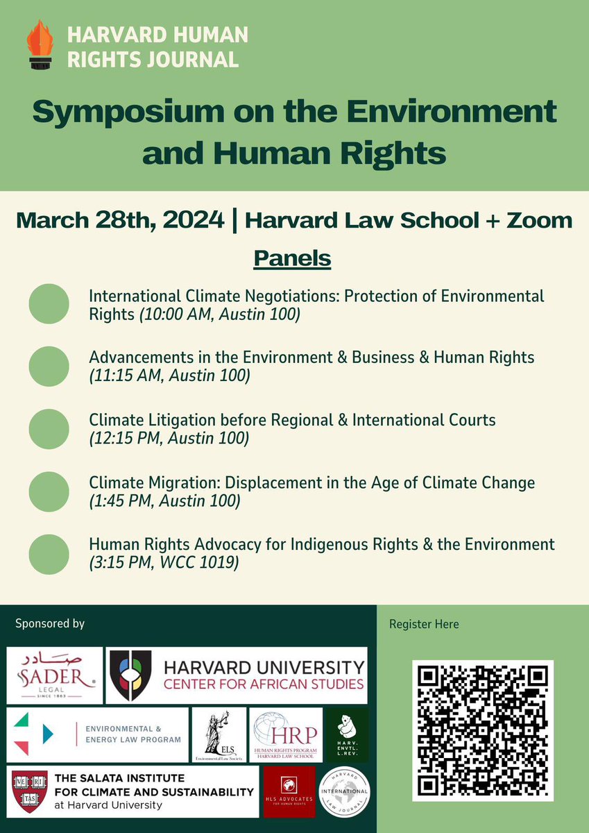 So thrilled to be co-Chairing this Symposium with Dr. Lssan Estifanos! Looking forward to seeing you in person and online at @Harvard_Law @Harvard for the @HarvHumRtsJ Symposium, entitled 'Human Rights & the Environment' March 28, 2024, 9 am-4:30 pm (EDT/GMT-4)! Register here!