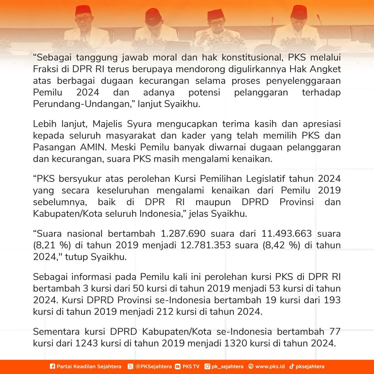 Berikut Amanat Musyawarah Majelis Syura PKS X yang berkaitan dengan hasil Pemilu 2024