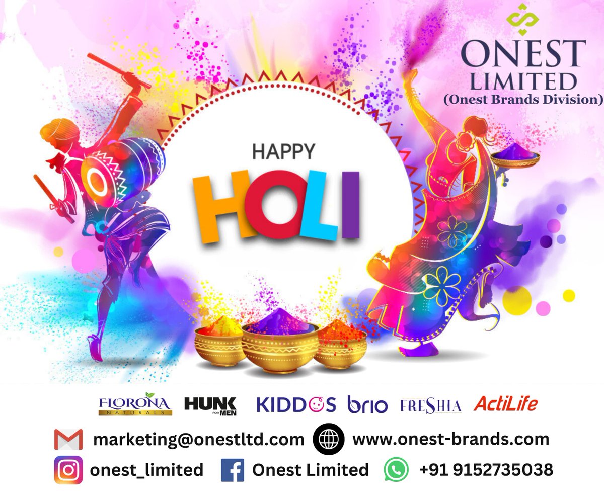 May the colours of Holi spread the message of peace and happiness in your life. Happy Holi!

#onestlimited #onestbrands #branding #holi #happyholi #rangpanchami #holifestival #floronanaturals #brio #hunk #freshia #kiddos #actilife #fmcg #exporter