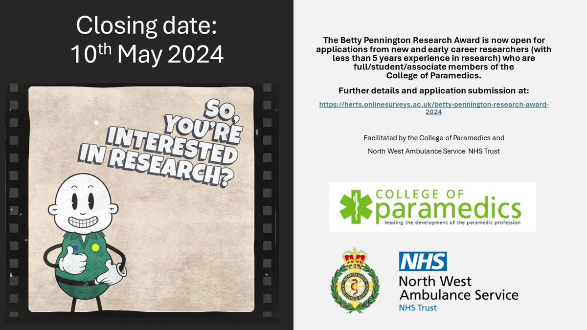 Julia Williams (@drjuliawilliams) on Twitter photo The Betty Pennington Research Award 2024 launches today in memory of Betty and her wonderful work in paramedic research. This small grant is targeted at new and early career researchers - apply here herts.onlinesurveys.ac.uk/betty-penningt…
Closes 10th May
<a href="/ParamedicsUK/">College of Paramedics</a> <a href="/UKSPC/">UK Student Paramedic Conference</a> <a href="/OfficialCAHPR/">OfficialCAHPR</a> The Betty Pennington Research Award 2024 launches today in memory of Betty and her wonderful work in paramedic research. This small grant is targeted at new and early career researchers - apply here herts.onlinesurveys.ac.uk/betty-penningt…
Closes 10th May
<a href="/ParamedicsUK/">College of Paramedics</a> <a href="/UKSPC/">UK Student Paramedic Conference</a> <a href="/OfficialCAHPR/">OfficialCAHPR</a>