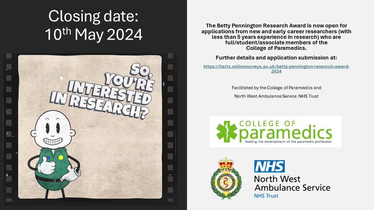 The Betty Pennington Research Award 2024 launches today in memory of Betty and her wonderful work in paramedic research. This small grant is targeted at new and early career researchers - apply here herts.onlinesurveys.ac.uk/betty-penningt… Closes 10th May @ParamedicsUK @UKSPC @OfficialCAHPR