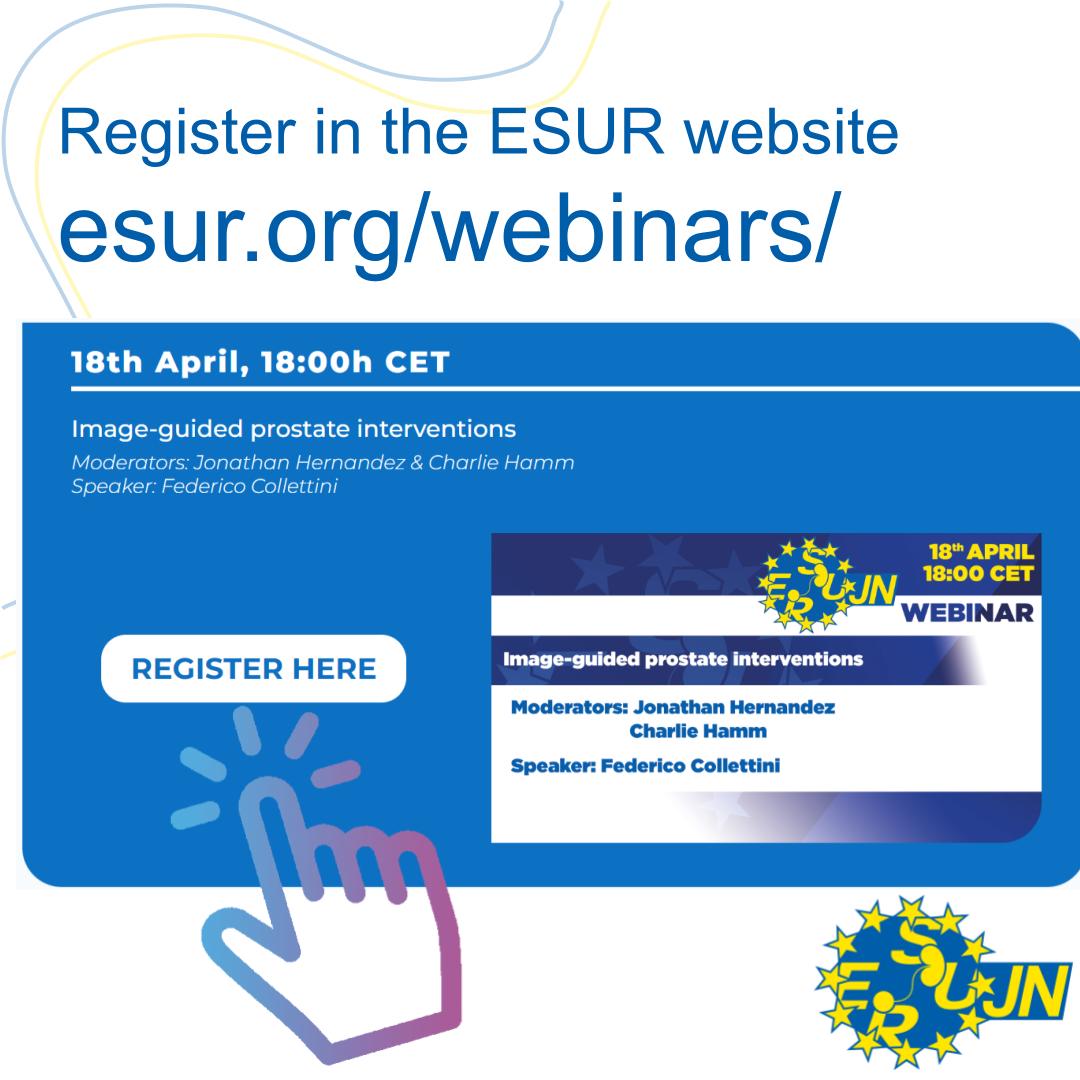 🚀 Mark your calendars! 🗓️ Excited to announce our upcoming webinar on April 18th at 18:00h CET! 🎉 Join us for 'Image-guided prostate interventions' with moderators Jonathan Hernandez & Charlie Hamm, and special speaker Federico Collettini! 💡 esur.org/webinars-2024/
