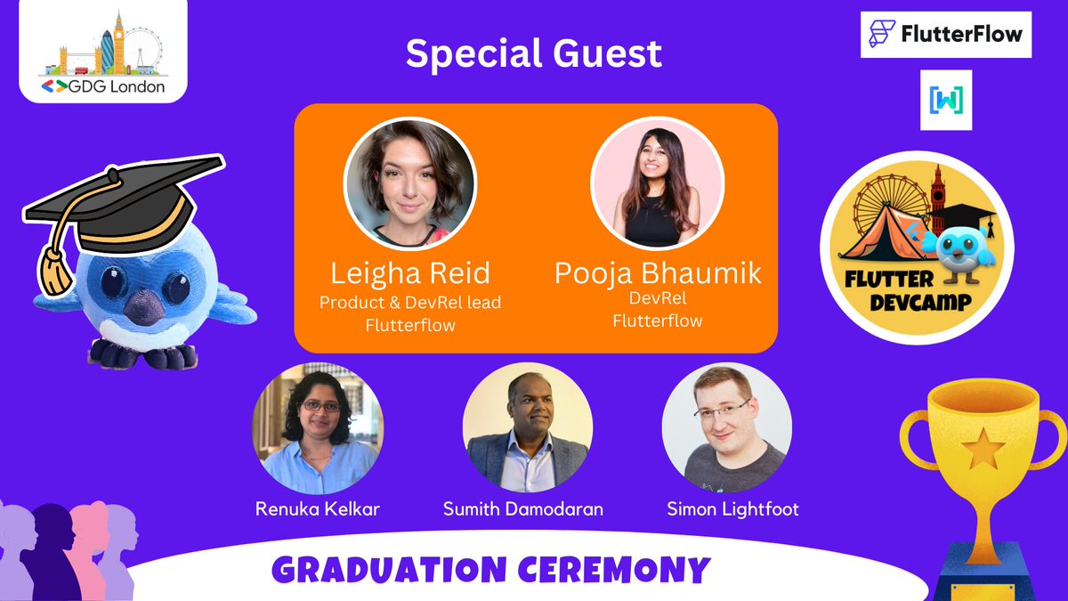 gdg_london's tweet image. 🚀 Join us for the graduation ceremony of the #FlutterDevCamp FlutterFlow special!

🎓 We&apos;re thrilled to have @LeighaJarett , Lead of Product &amp;amp; DevRel at @flutterflow , as our special guest. and continuing the amazing sessions from @pooja_bhaumik Save the date: March 28th, 6pm…