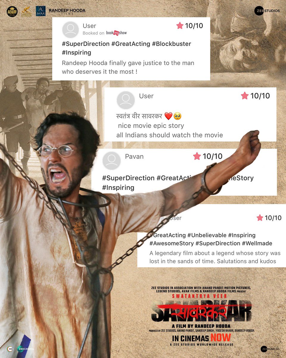 Yeh hai #AkhandBharat ki goonj; #SwatantryaVeerSavarkar‘s revolutionary spirit scores a 8.5/10 rating on <a href="/bookmyshow/">BookMyShow</a> 💯

Book your tickets! 
🔗 - linktr.ee/swatantryaveer…

In cinemas now. 

#VeerSavarkarInCinemasNow
#WhoKilledHisStory

<a href="/RandeepHooda/">Randeep Hooda</a> @anky1912 <a href="/amit_sial/">Amit Sial</a>