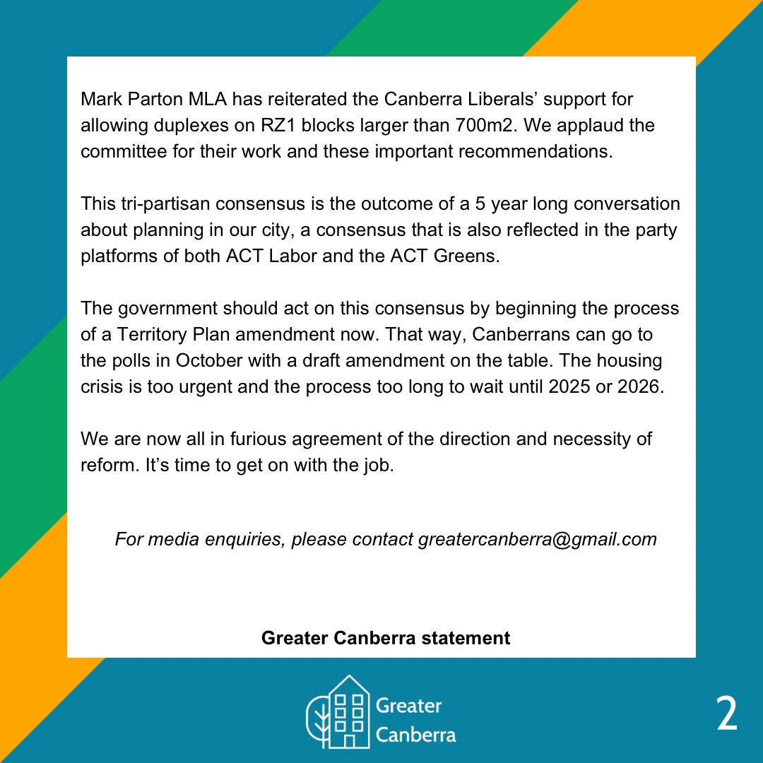 The recently finalised inquiry into the Territory Plan makes it clear - Canberra’s planning laws are standing in the way of climate action &amp; abundant housing. With all parties in furious agreement on the need for reform, it’s time to get on with the job. Read our statement below.
