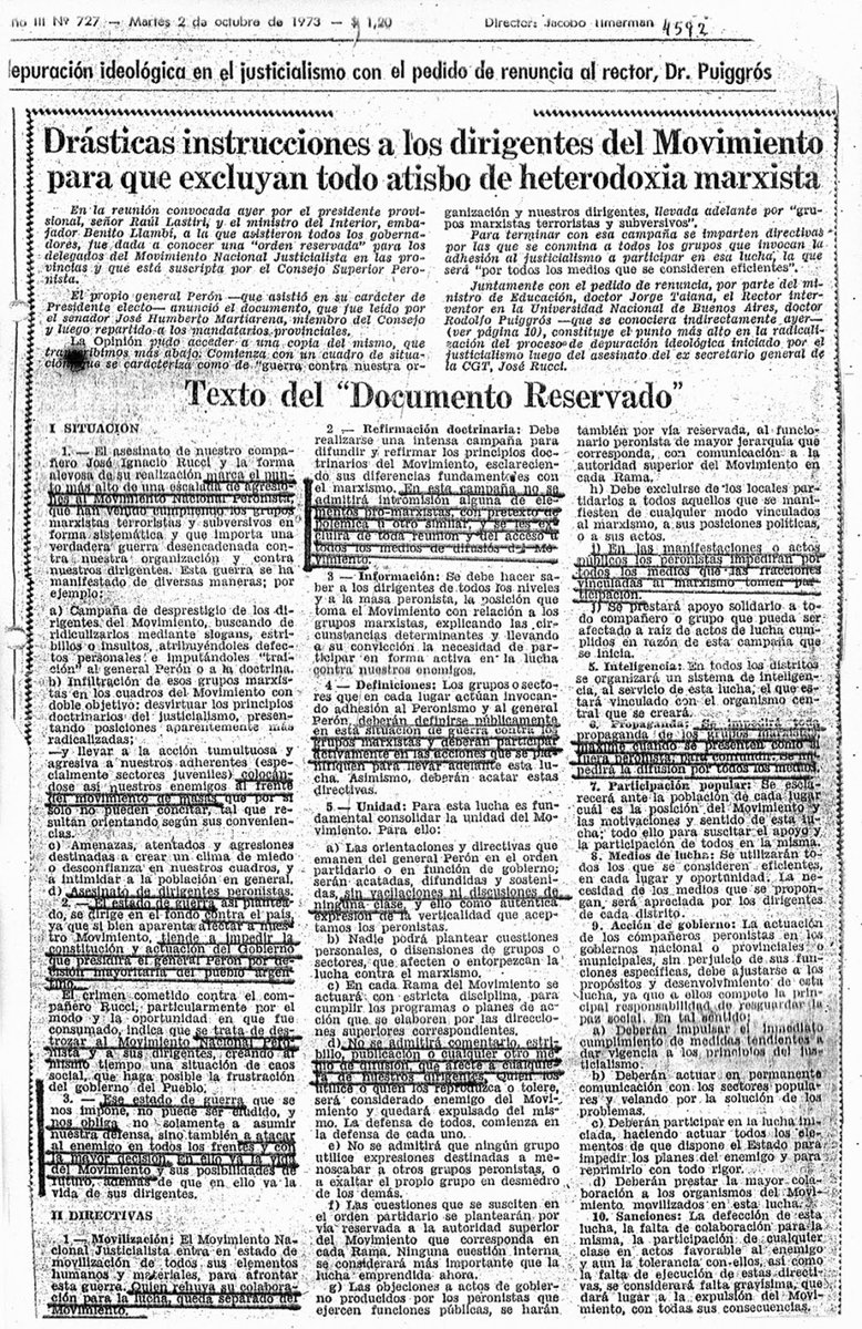 El 1 de octubre de 1973, 1 semana después del asesinato de José Rucci a manos de montoneros, Juan Domingo Perón convoca a una reunión en Olivos donde ordena 'terminar con los marxistas infiltrados...usando todos los medios que se consideren eficientes'. El documento reservado…