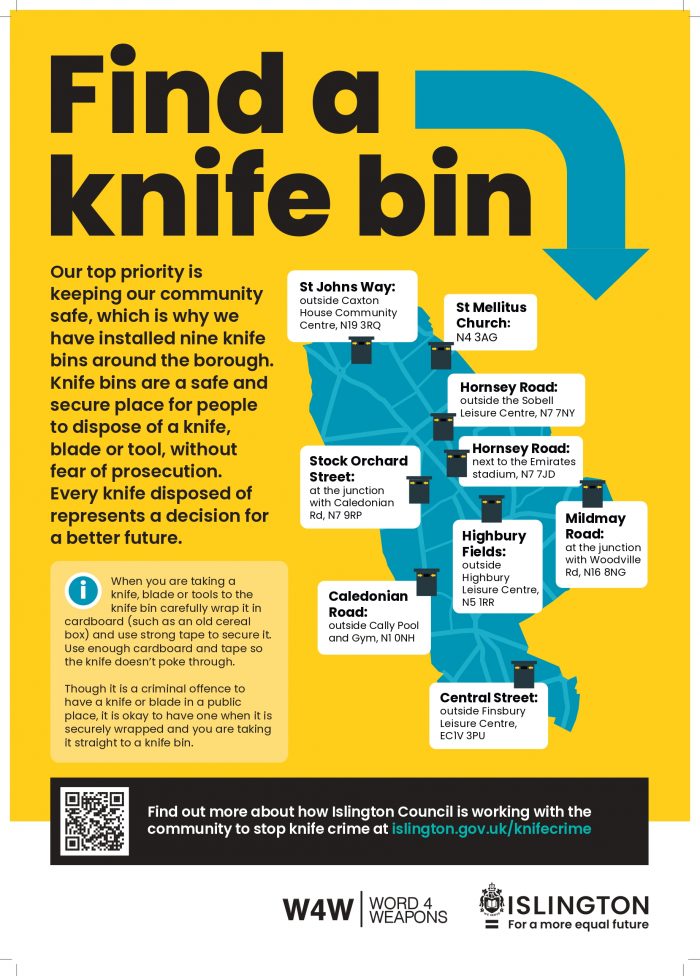 Islington council are working with the community to reduce knife crime - “Our knife bins are primarily located away from CCTV helping you to remain anonymous”. One has been installed on the corner of Mildmay/Woodville Road.