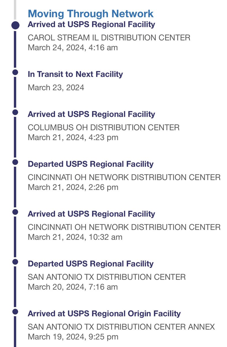 I live 45 minutes north of the Columbus distribution center. Explain to me <a href="/USPS/">U.S. Postal Service</a> why my package, which was supposed to be here on Friday, went from Columbus to Illinois. 🤨