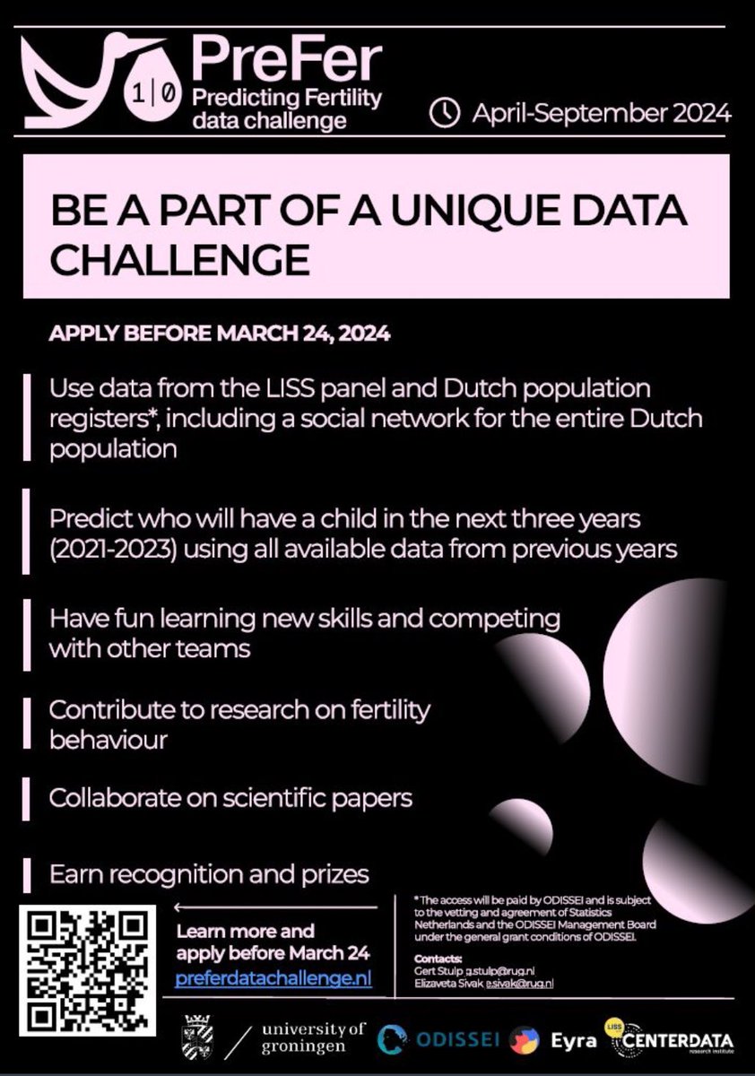 Last day (24-3) to apply for the PreFer data challenge! Show your #DataScience skills with LISS data and predict who will have a 👶 Win eternal glory!! (and publish a paper and present your work ;) Got curious as a baby? Check this link for more info: lnkd.in/eiwBv2PH