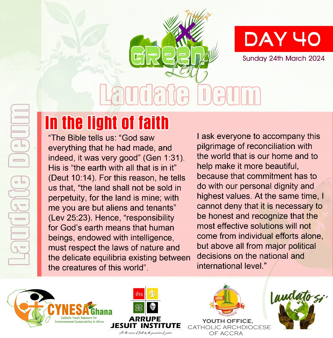 “ His is “the earth with all that is in it” ( Deut 10:14). For this reason, he tells us that, “the land shall not be sold in perpetuity, for the land is mine; with me you are but aliens and tenants” ( Lev 25:23).” #greenlent #leavingagreenmark #laudatosi #laudatodeum