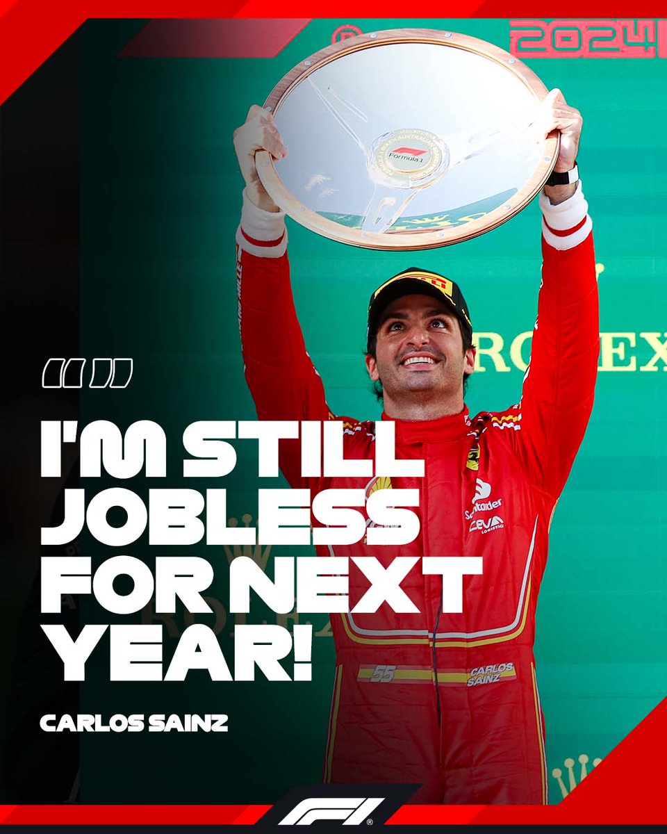 F1's tweet image. “I guess this will help get a job for next year… just joking!” 😁

Race-winner Carlos will always remember the 2024 Australian Grand Prix 😊

#F1 #AusGP