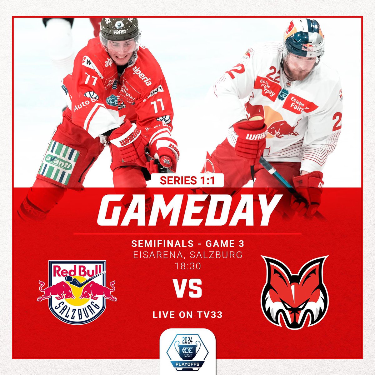 ⚪️🔴 𝗚 𝗔 𝗠 𝗘 𝗗 𝗔 𝗬 ⚪️🔴 🏆 Playoffs SF - Game 3 📍 Eisarena, Salzburg ⏰ 18:30 🆚 @ecrbs 📺 Live TV on TV33 💻 Livestream on puls24.at/eishockey 🙌🏻 Public viewing at Fiera Bolzano - Messe Bozen #gofoxes #cuorebiancorosso #noisiamobolzano #mirseinbozen