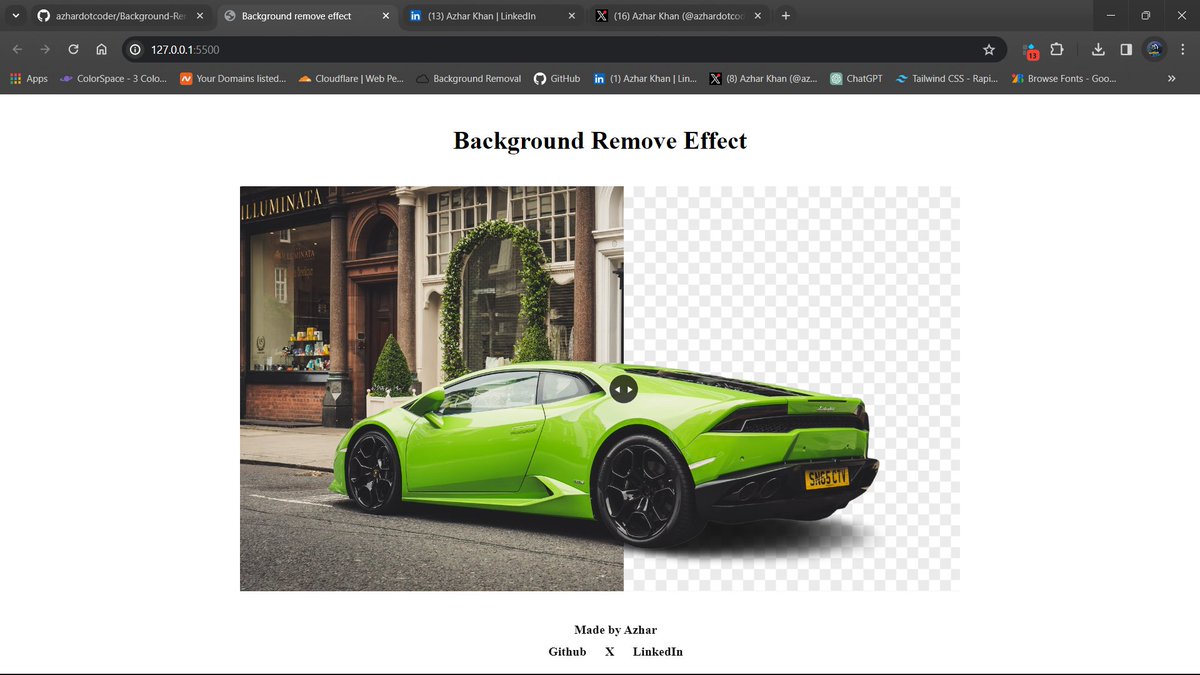 azhardotcoder's tweet image. 🌟 Day 20 of my #30DayChallenge: 

Check out my latest project:

- Background removal effect: Slide your mouse to witness the magic.
- Crafted with HTML, CSS, and JavaScript for interactive design. 💻✨ 

Live - background-remove-effect.vercel.app

#coding
