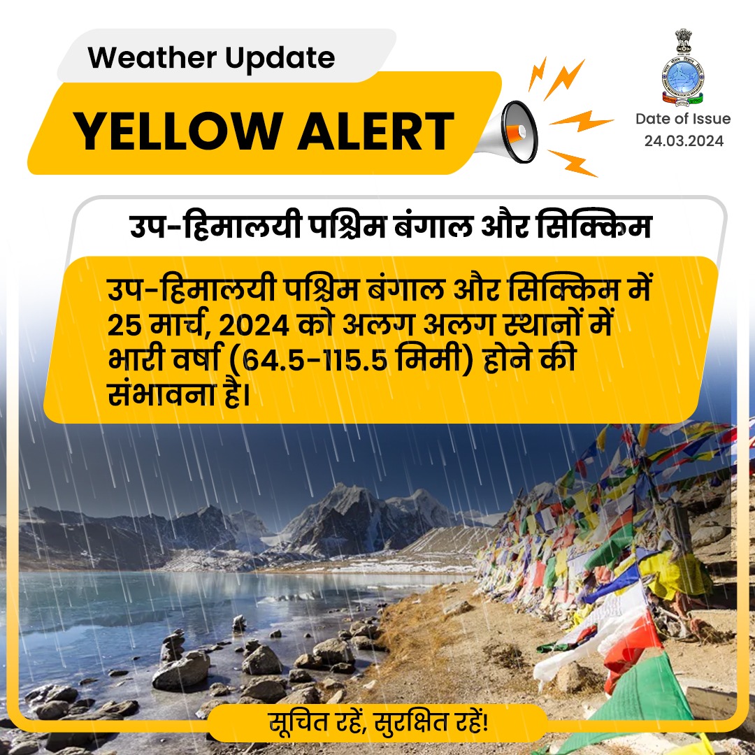 Indiametdept's tweet photo. उप-हिमालयी पश्चिम बंगाल और सिक्किम में 25 मार्च, 2024 को अलग अलग स्थानों में भारी वर्षा (64.5-115.5 मिमी) होने की संभावना है।
#SubHimalayanWeather #Weatherupdate #RainfallAlerts #WestBengal #SikkimWeather
@moesgoi
@DDNewslive
@ndmaindia
@airnewsalerts https://t.co/RwYBqJwaAM