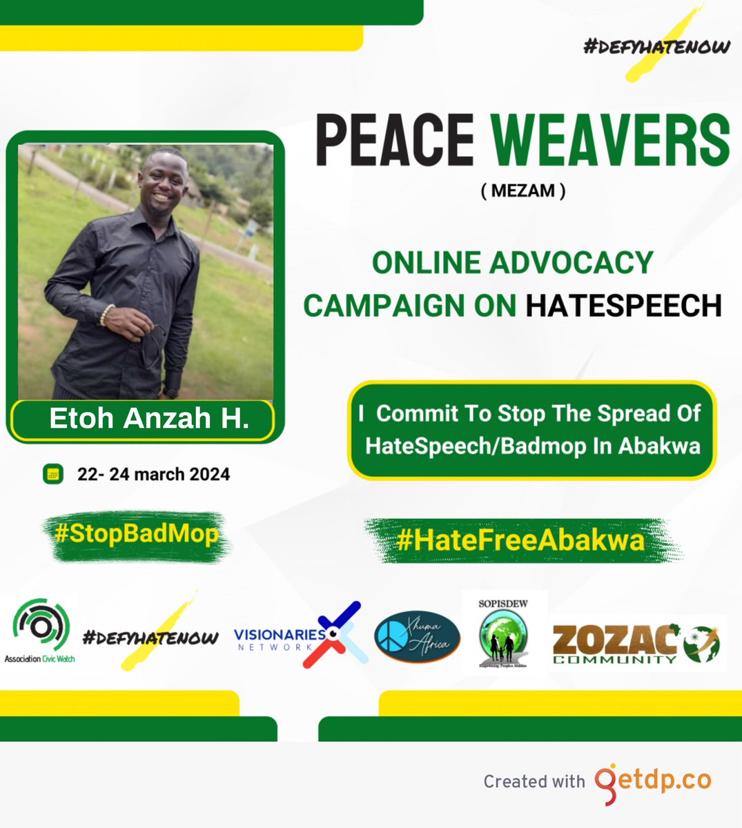 Hate speech incites violence, undermines social cohesion &amp; threatens the values that bind us
together. I Commit to Stop the spread of #HateSpeech in my community
<a href="/GLOBALVISIONAR5/">GLOBAL VISIONARIES NETWORK</a> 
<a href="/civic_watch/">Civic Watch</a> 
<a href="/DefyhatenowWCA/">#defyhatenow West & Central Africa</a> 
#Act4Peace 
#HateFreeAbakwa 
#StopBadMop 
<a href="/intertwilight/">r0g_open culture</a> 
<a href="/FESKamerun/">FES Kamerun</a>
