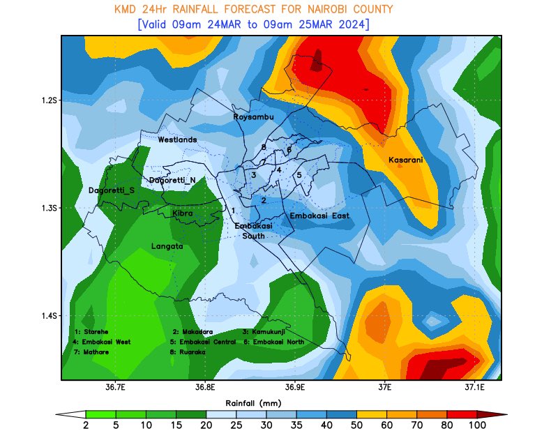 Nairobi City County Rainfall Forecast: Moderate to heavy rainfall likely over several parts of the city. Stay prepared and stay safe! For more detailed updates, visit meteo.go.ke. ☔ #NairobiWeather #RainfallForecast 🌧️