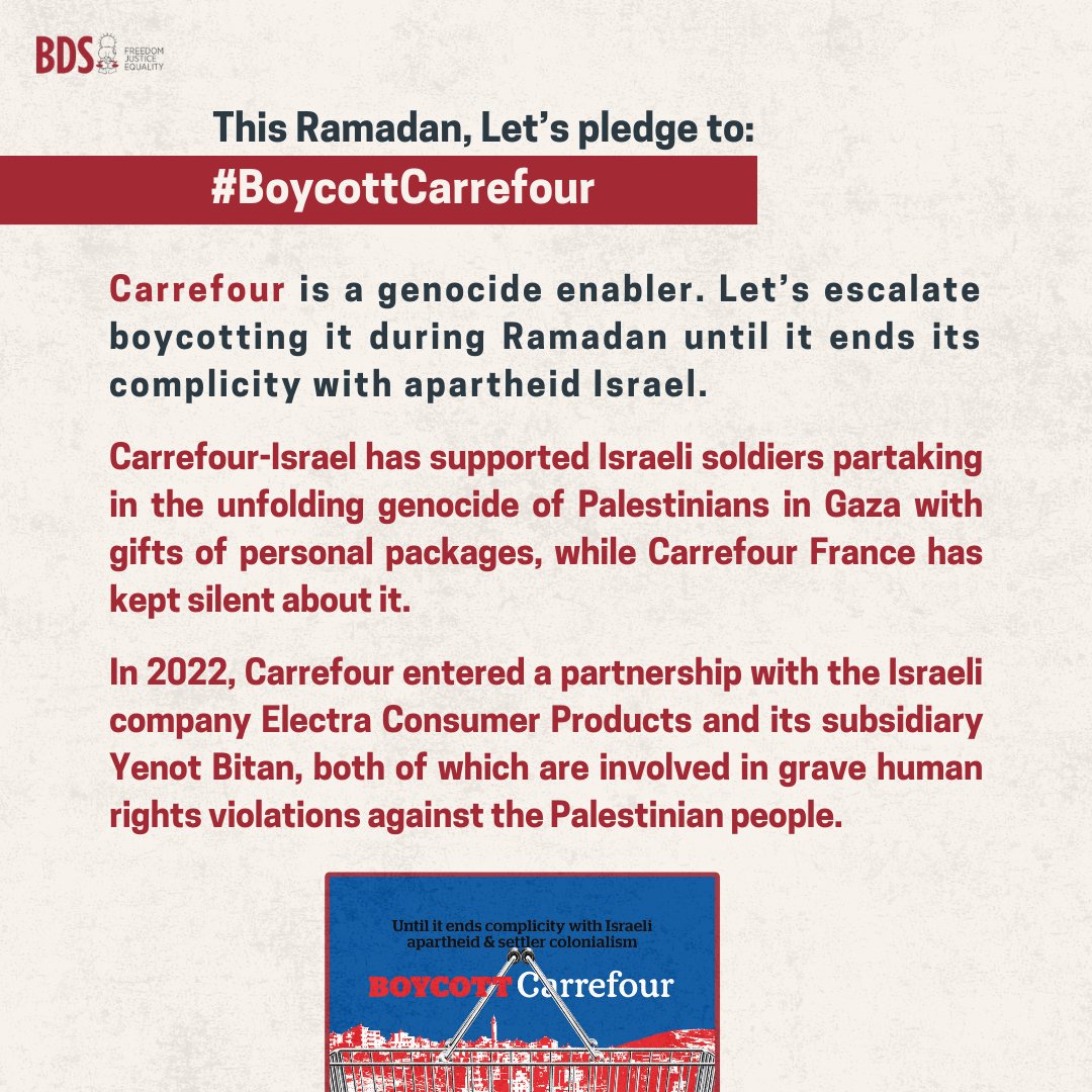 #BoycottCarrefour! Carrefour-Israel has supported Israeli soldiers partaking in the ongoing genocide of Palestinians in Gaza with gifts of personal packages, while Carrefour France has kept silent about it. Carrefour is a genocide enabler. bdsmovement.net/boycott-carref…