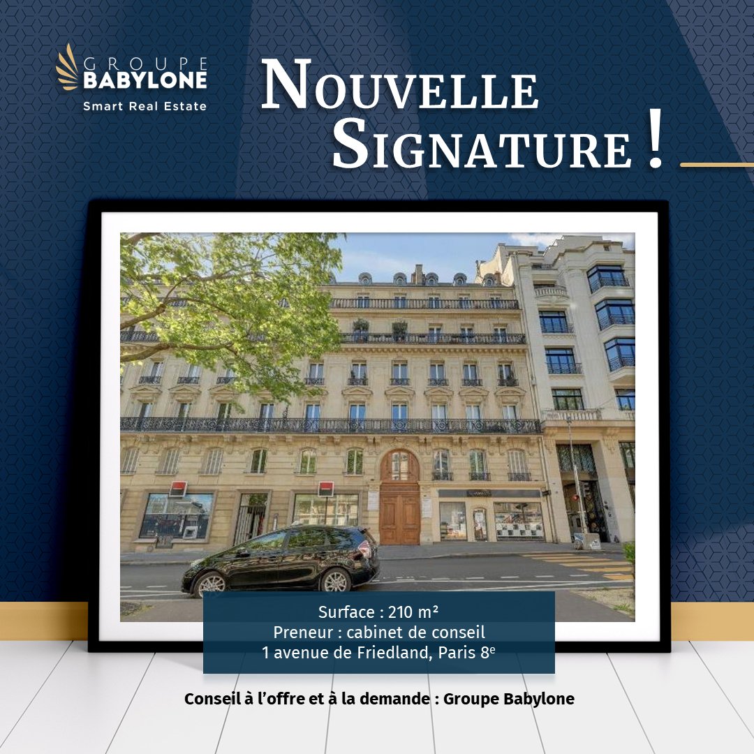 📣 Nouvelle transaction 📣
Un cabinet de conseil vient de prendre à bail une surface de bureaux de 210 m² au 1 avenue de Friedland, 8e arrondissement de la Ville de Paris.
Une transaction réalisée par le département Bureaux Paris-QCA de Groupe Babylone, conseil des deux parties.