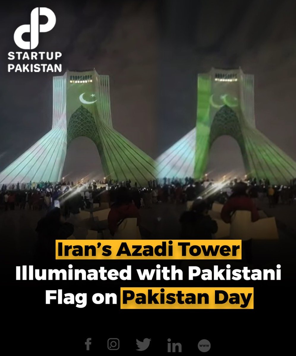 On Pakistan Day, Iran's iconic Azadi Tower in Tehran was adorned with the vibrant colors of the Pakistani flag, symbolizing the close and fraternal bond between the two neighboring nations. 

#PakistanDay #Iran #AzadiTower