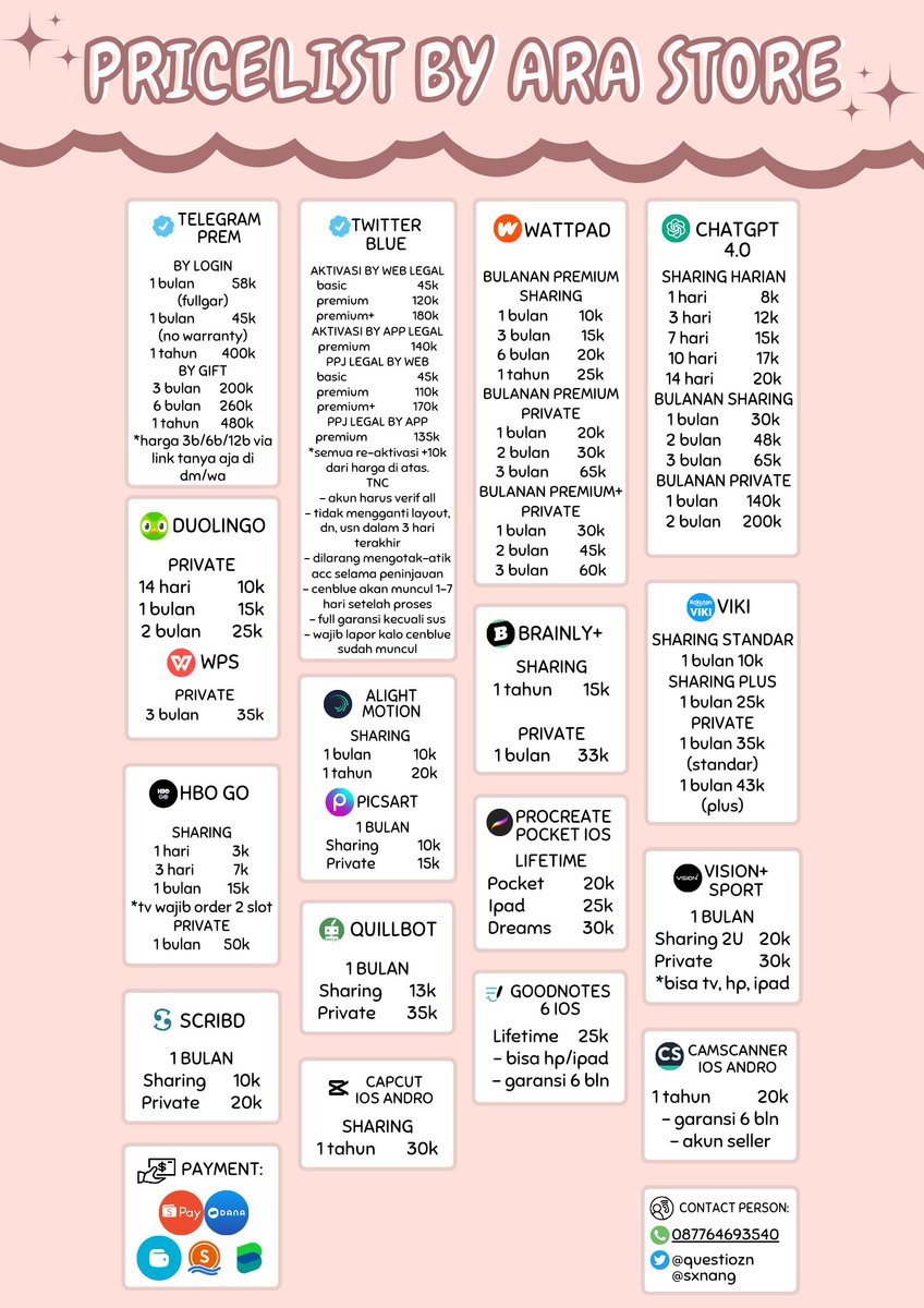 hai aku ada berbagai apps prem nih! pastinya murah, bergaransi dan trusted loh🤍

order? bisa dm atau fast rep di wa ya

💳 : spay, dana, gopay, seabank
wa : tiny.cc/wa-punyaara