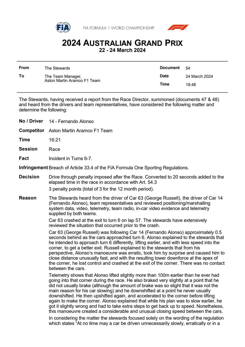 20 SEGUNDOS DE SANCIÓN para Fernando Alonso por el incidente con George Russell. Cae del P6 al P8.