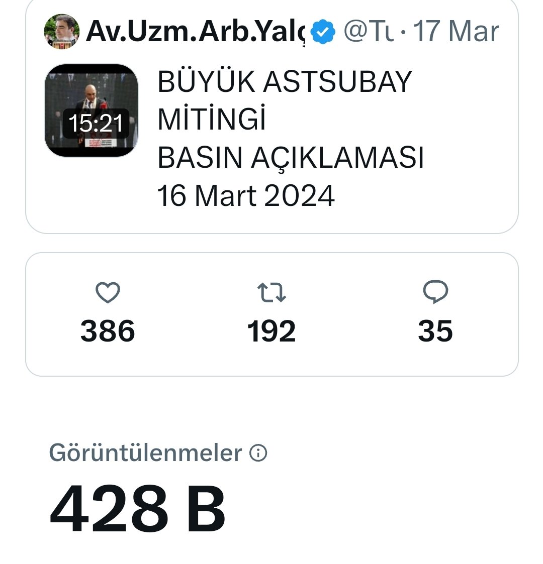 TEMAD ve MALUM GRUPLARIN BASKILARI 

Astsubay ve emeklileri en yazık ki yoğun bir mobing ve gaslighting altında. 
   
 Alıntıdaki Mitingin basın açıklaması daha ilk haftasında 428 BİN görüntülemeye ulaştı. Teşekkürler. 

   Paylaşım ve beğeni ise çok az; 
- En büyük sebep destek