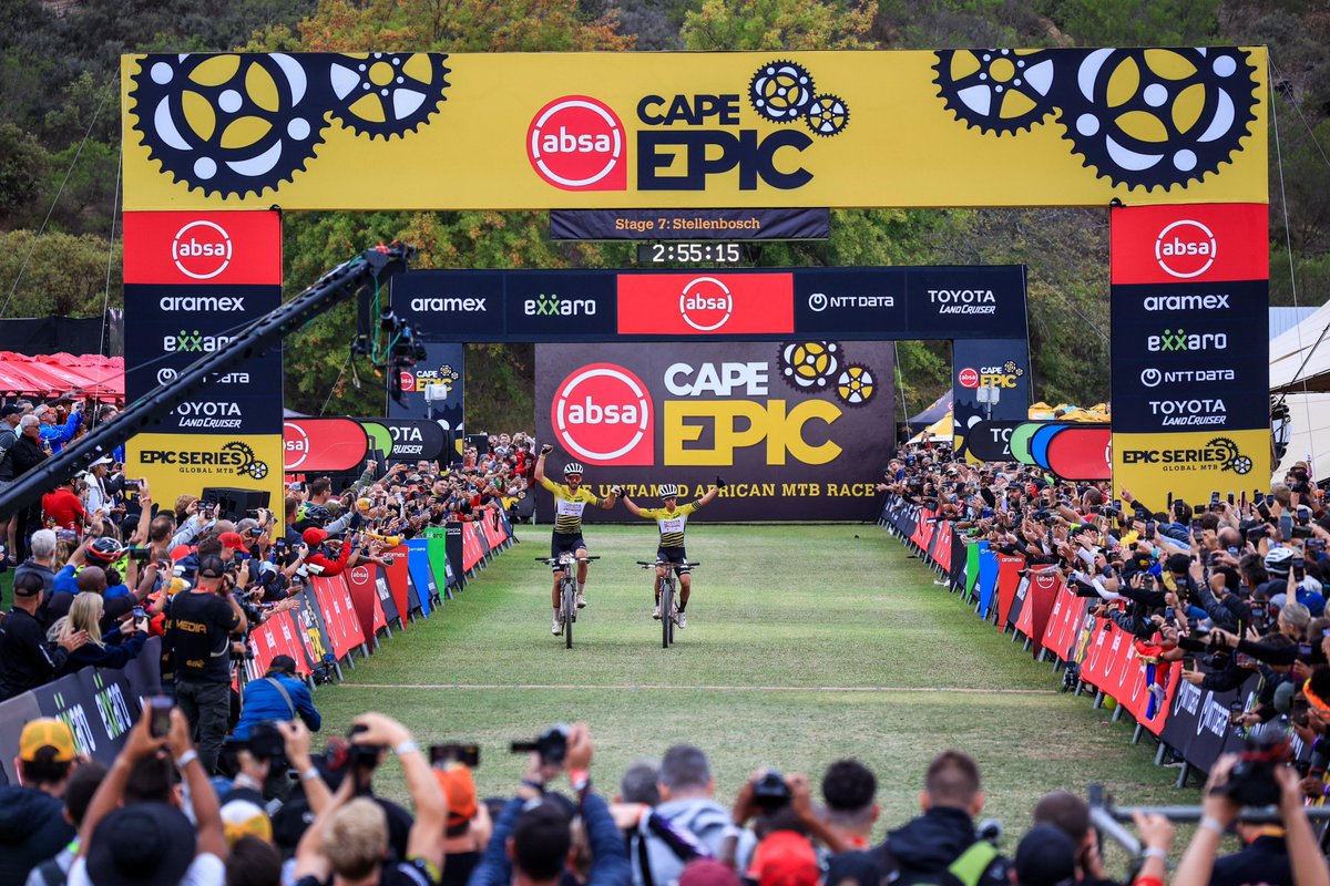 Men, Stage 7
1 Simon Schneller &amp; Urs Huber (BULLs Mavericks) 2:52:08
2 Fabian Rabensteiner &amp; Samuele Porro (Willier Vittoria Factory) 2:54:24 +2:16
3 Matt Beers &amp; Howard Grotts (Toyota-Specialized-NinetyOne) 2:55:16 +3:08
#AbsaCapeEpic #Untamed #Epic2024