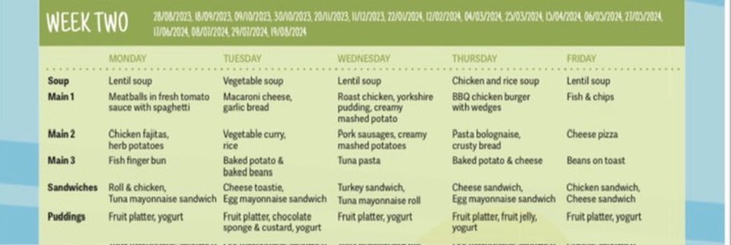 🍽️ It’s a delicious Week 2 menu for lunch 😋 Remember we stop at 2:30pm on Thursday for the Easter holidays 🐣