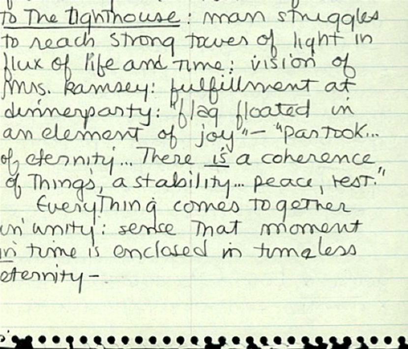 botvirginia's tweet image. Sylvia Plath’s student notes on Virginia Woolf’s “To the Lighthouse”, 1952.

Plath wrote about the fulfillment, joy, coherence, stability and peace of the dinner party scene.
