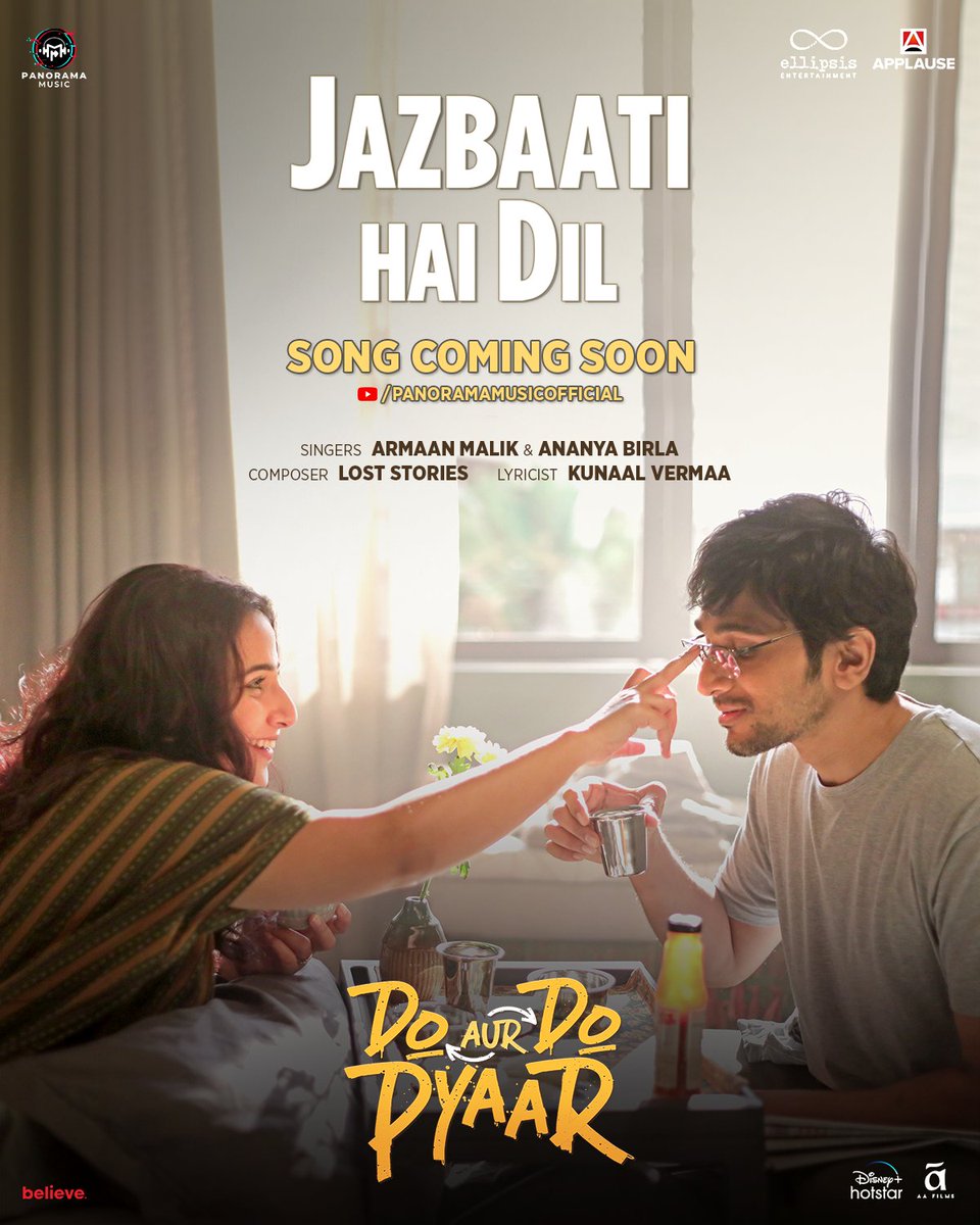 Excited to unveil the first track from our film, soon. #jazbaatihaidil Composed by the uber cool duo @TheLostStories, written by @kunaalvermaa77, in the unmistakable voices of @ArmaanMalik22 and @ananya_birla. #doaurdopyaar in cinemas on 19.04.24. @vidya_balan @pratikg80