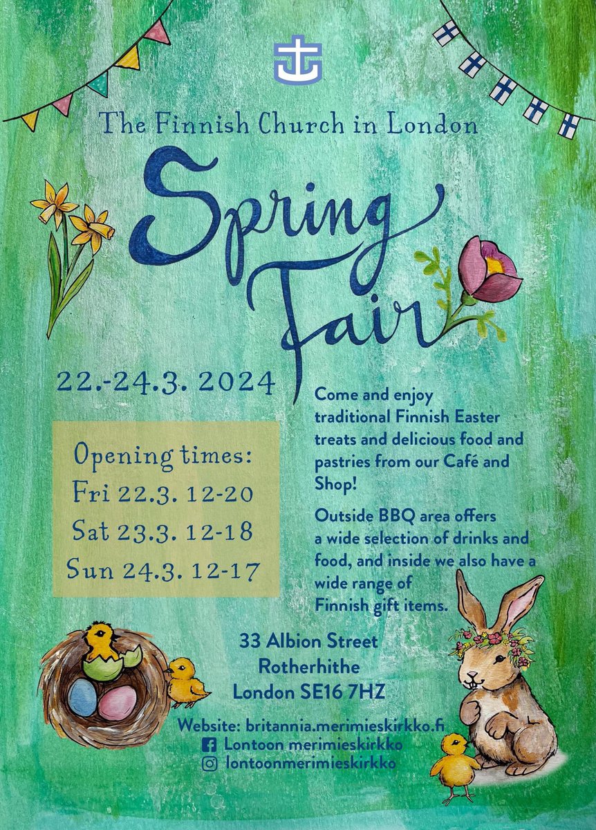 Sunday 24 March Noon until 5pm Last chance to visit the Finnish Spring Fair @Lontoonkirkko 33 Albion St #SE16 7HZ Also @UpMarket48 will be open for #preloved clothes & fascinating #bricabrac Opposite the church at 48 Albion St @se16albion