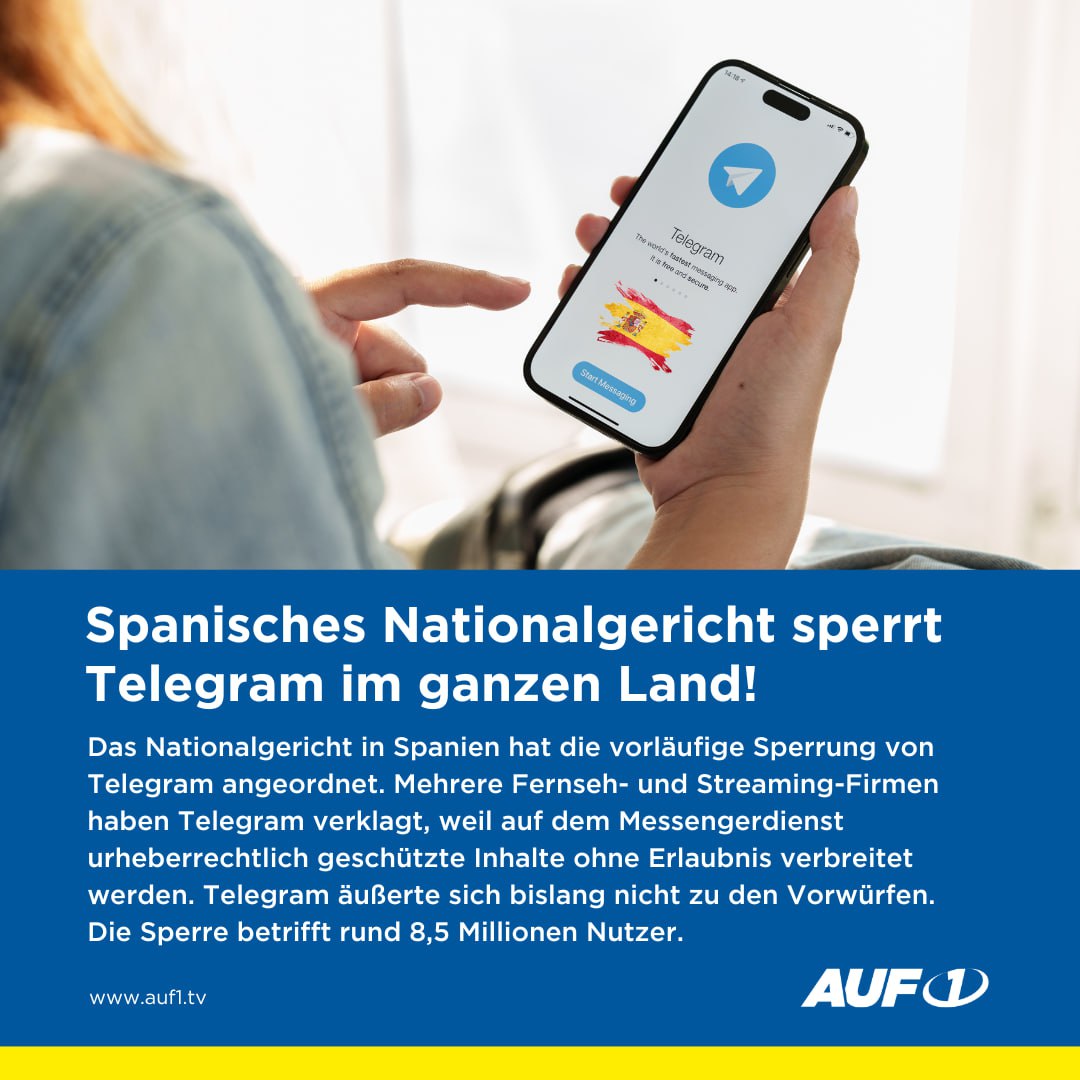 AUF1TV's tweet photo. Der Messengerdienst #Telegram wird abgeschaltet. Das hat ein Richter des Nationalgerichts in #Spanien angeordnet. Es sei eine Reaktion auf Beschwerden mehrerer Fernseh- und Streaming-Firmen. Sie werfen Telegram Urheberrechtsverletzungen vor.   
Es soll sich um eine vorübergehende Sperrung während der Prüfung der Vorwürfe durch das Gericht handeln. Wie lange diese andauern wird, ist jedoch nicht bekannt. Für die Blockade der App spätestens ab Montag seien die Mobilfunkanbieter zuständig. 8,5 Millionen Nutzer sind von der Sperre betroffen. 

Es zeigt sich: Die #Zensur greift immer weiter um sich! Lange diente Telegram als sicherer Hafen. Es ist zu befürchten, dass Spaniens Vorbild andere Länder folgen und es auch hierzulande zu einer Sperre aufgrund politischer Einflussnahme kommen könnte. 
 
Bereiten Sie sich daher vor: Tragen Sie sich jetzt in den kostenlosen Newsletter von AUF1 ein, um sicher informiert zu bleiben: https://t.co/RNU3fc5xrg